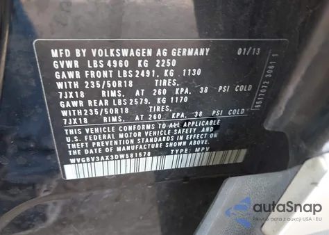 2013 Volkswagen Tiguan Se from USA, damaged, VIN WVGBV3AX3DW581578